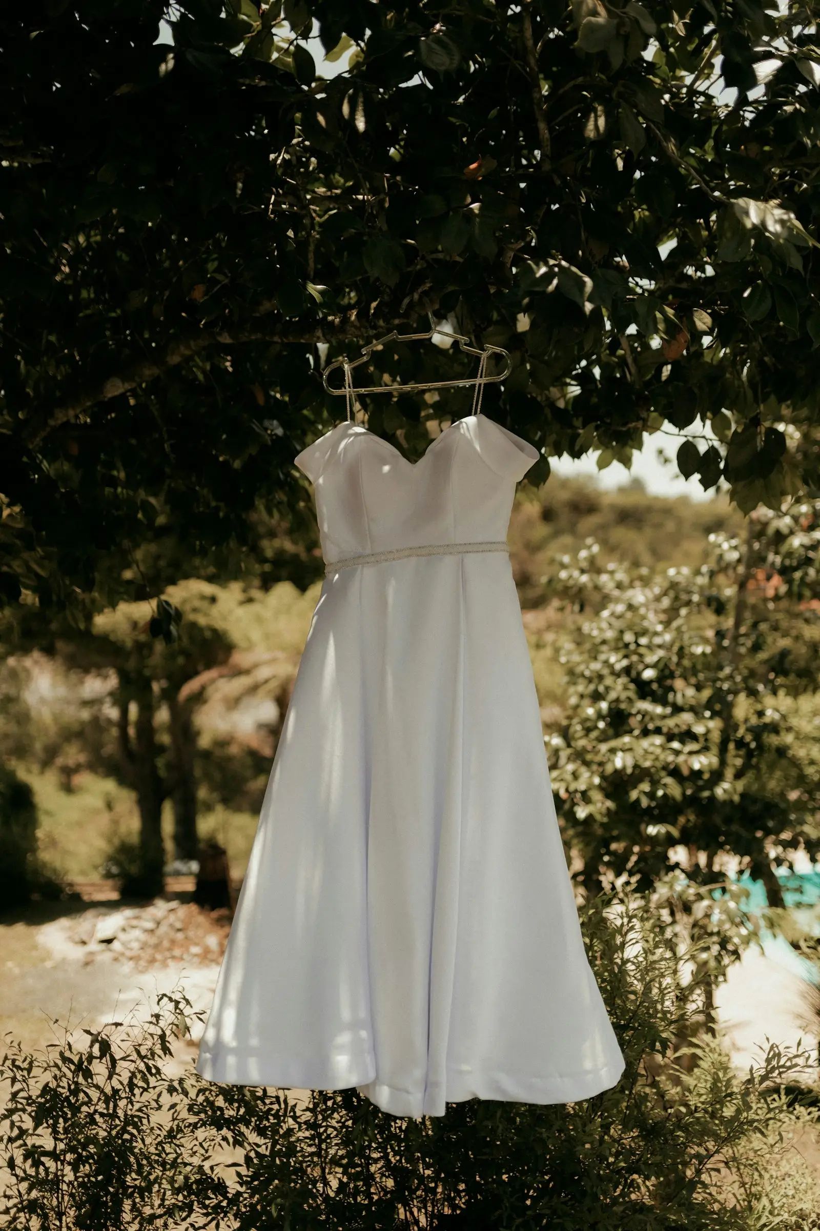 A white strapless dress on a hanger outdoors among trees