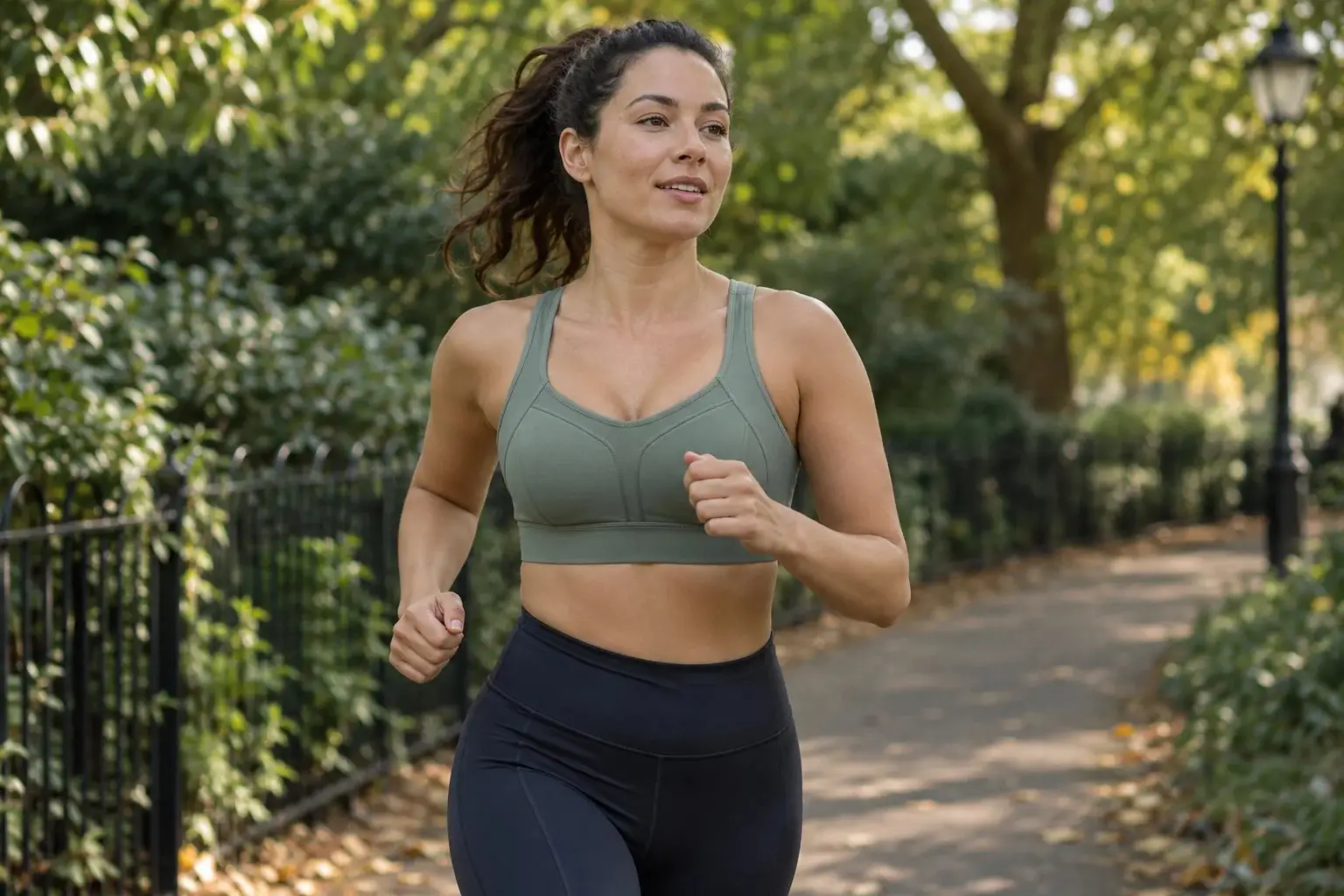 Woman in a sage sports bra and black leggings jogging on a park path
