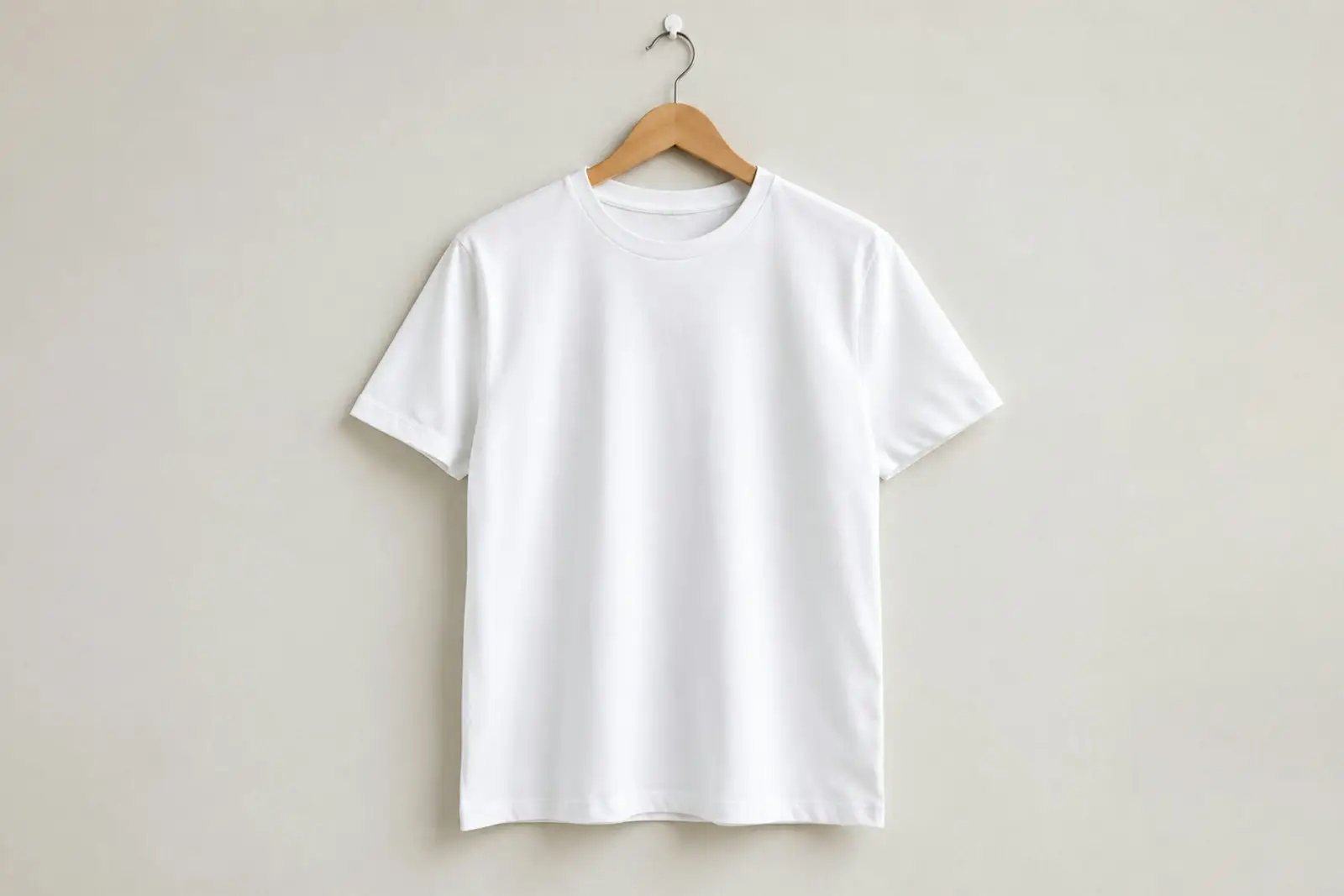 A plain white T-shirt on a wooden hanger