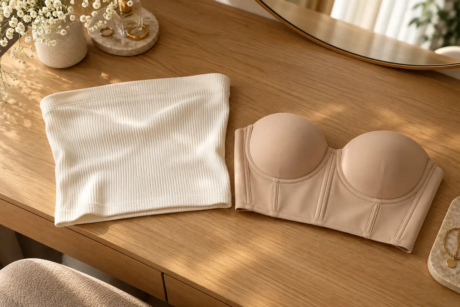 Ivory tube top beside a beige strapless bra on a wooden dressing table